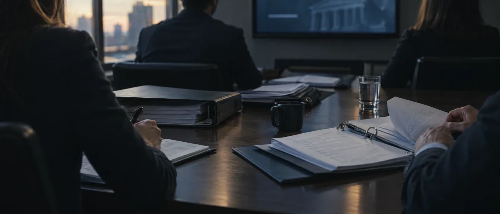 Besprechungsraum einer Kanzlei, ein Team mit Aktenordnern um einen Tisch, nur Hände und Rücken sichtbar