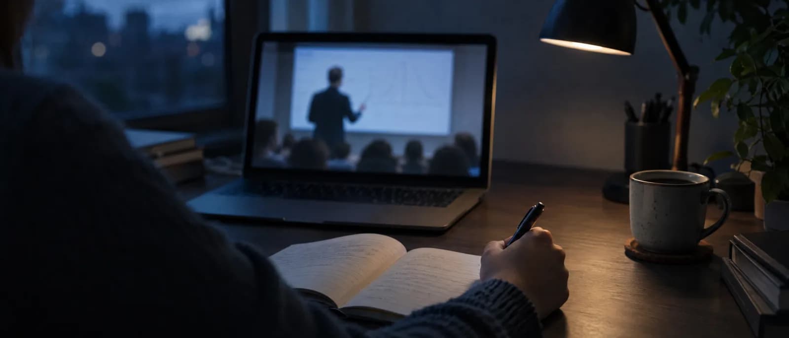 Blick über die Schulter auf einen Laptop mit einer Video-Lektion, eine Hand schreibt in ein Notizbuch