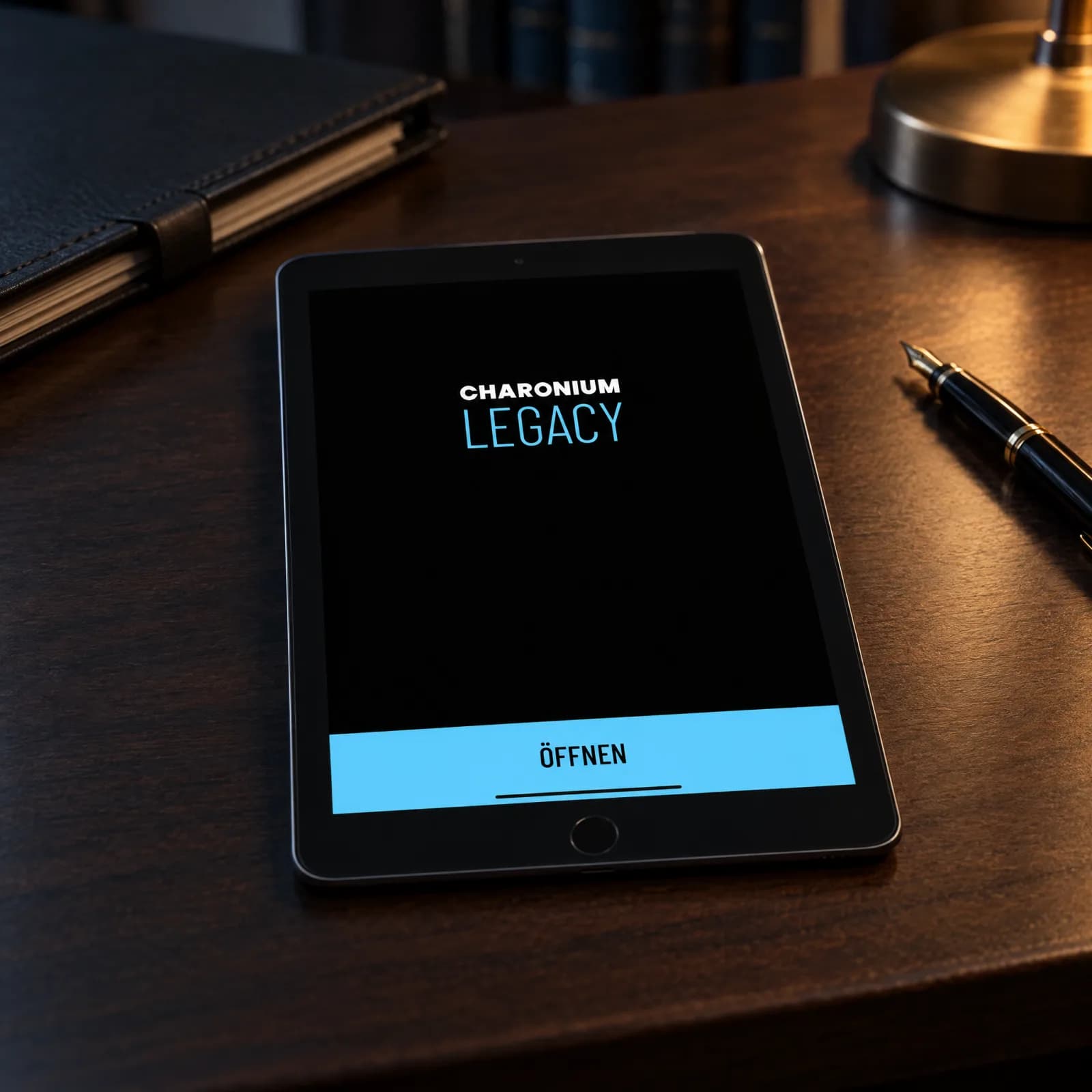 iPad mini mit dem Startbildschirm von CHARONIUM Legacy auf einem Kanzleischreibtisch