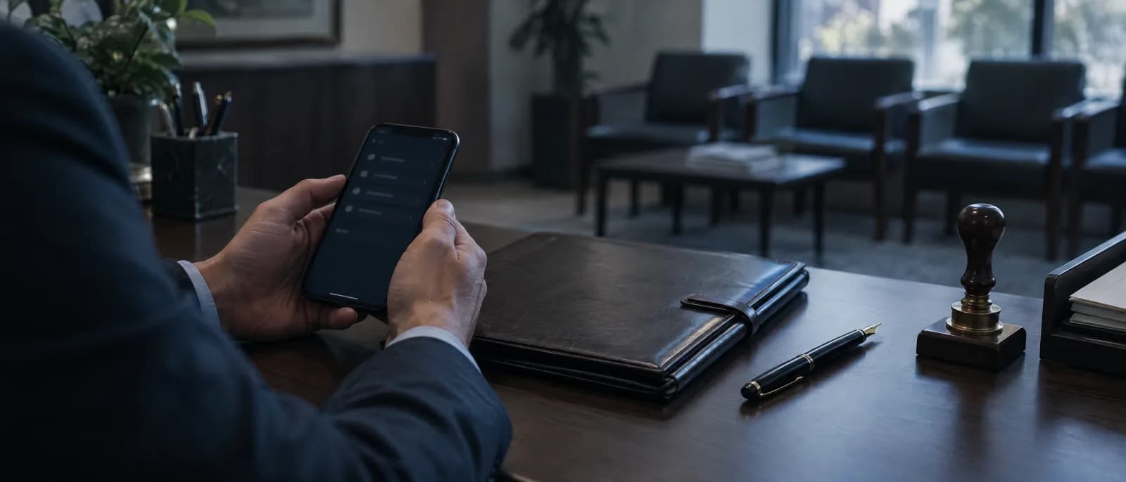 Hände halten ein Smartphone an einem Schreibtisch im Notariat, daneben Mappe, Füller und Stempel