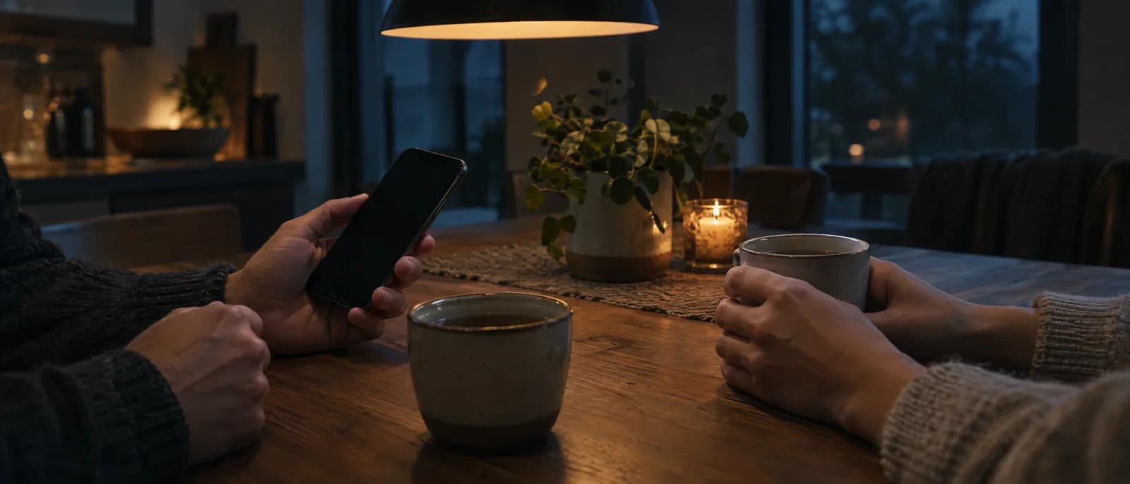 Zwei Paar Hände am Küchentisch am Abend, eines hält ein Smartphone, dazu Teetassen und Kerzenlicht