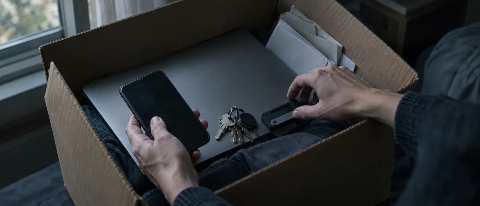 Hände sortieren eine Kiste mit Hinterlassenschaften: Smartphone, Laptop, Schlüssel und ein Hardware-Wallet
